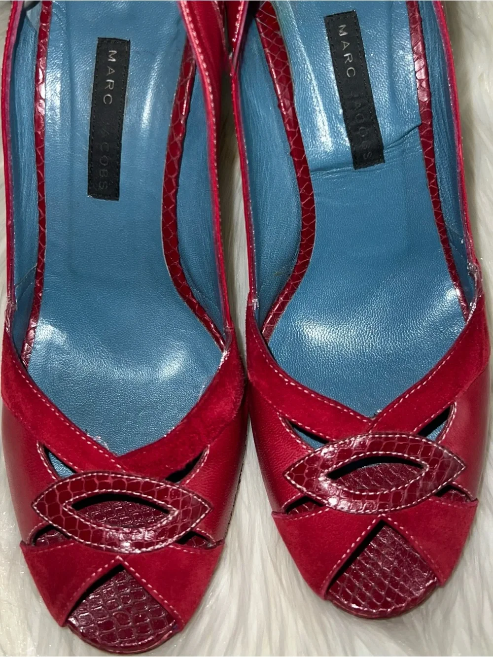 Marc Jacobs Red Suede Leather Snakeskin Print Pumps 38.5 with Box